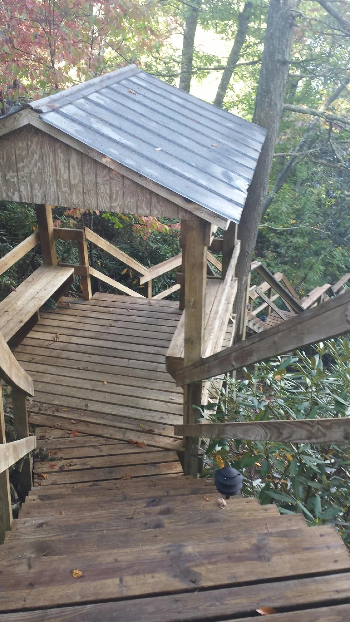 Metal roofed shelter over wooden steps on a wooded walkway — Skylight Repair & Installation work by our crew in Hydes